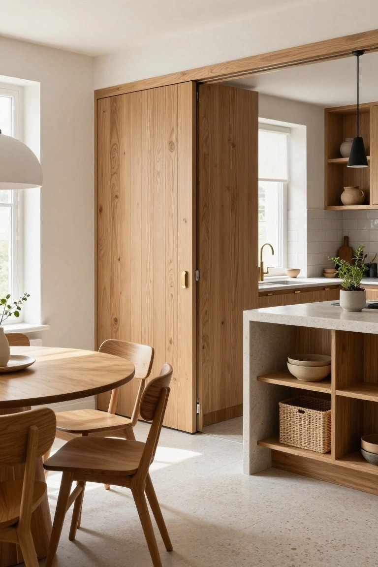 Light wood kitchen with round dining table, chairs, and stone island shelving