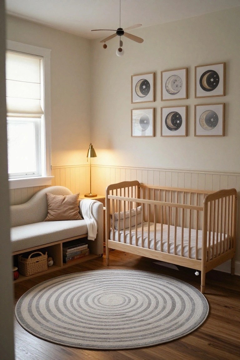 A light wood crib sits on a round gray striped rug in a nursery with moon prints on the wall and a small window with a bench.