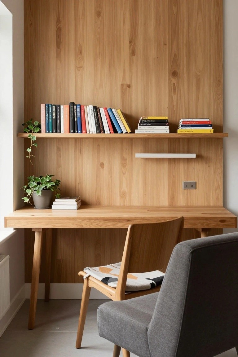A light wood desk with built-in shelf above it, books on the shelf, and a wooden chair in front against a matching wood accent wall.