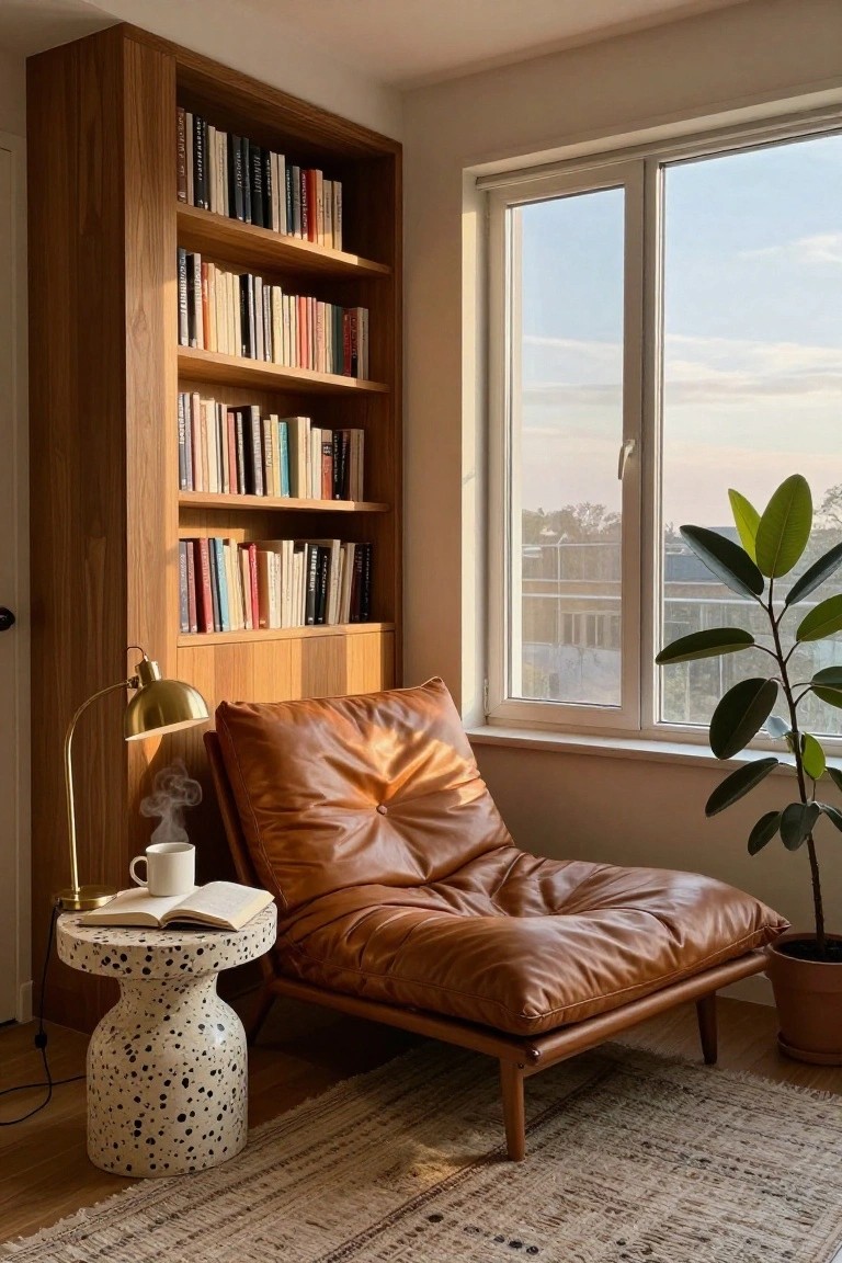 A tall wooden built-in bookshelf filled with books stands beside a large window, next to a brown leather lounge chair and a speckled side table holding an open book and a mug.