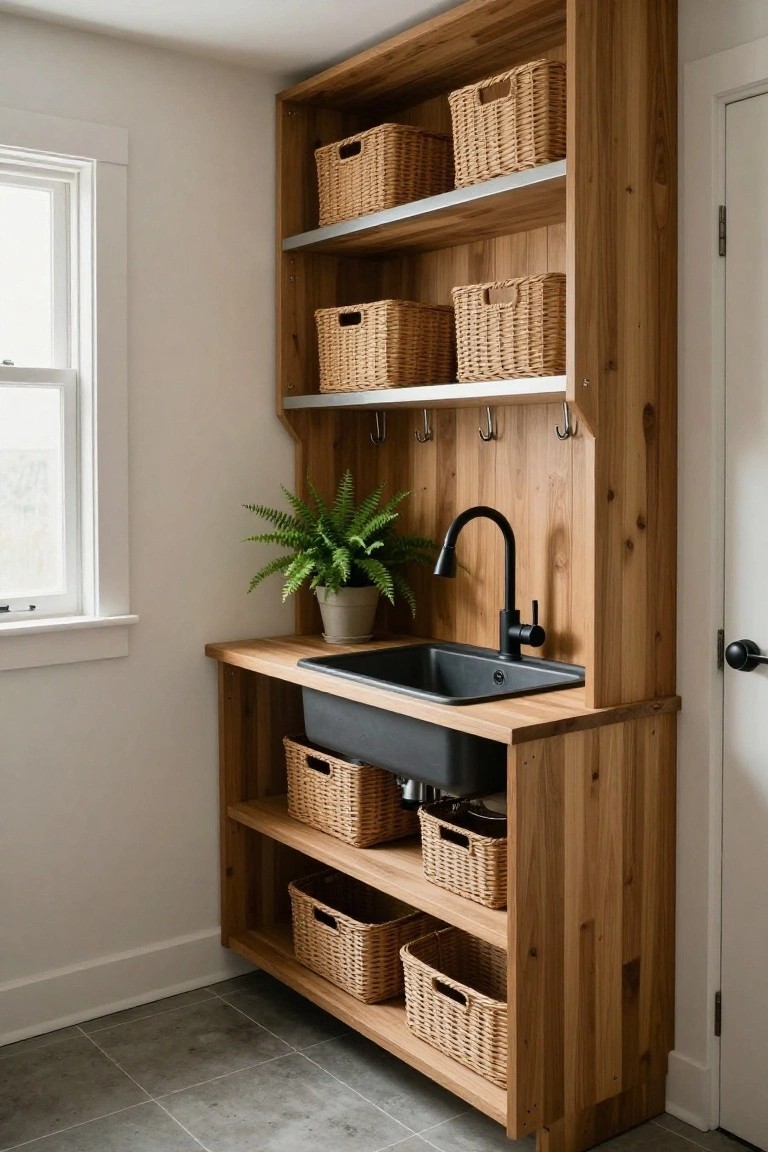 A tall wooden built-in unit with open shelves holding wicker baskets, a black utility sink, lower storage baskets, and wall hooks in an indoor room with a window and door.