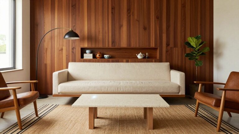 21 Sophisticated Mid-Century Modern Wood Accent Wall Ideas in Clean Linear Designs Modern living room with cream sofa, wood slat wall, terrazzo table, and woven rug