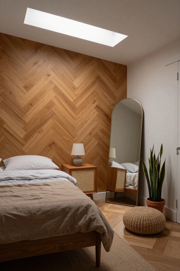 A bedroom with a herringbone wood accent wall behind a bed, a nightstand with a lamp, a tall arched mirror, and a woven pouf on the floor.