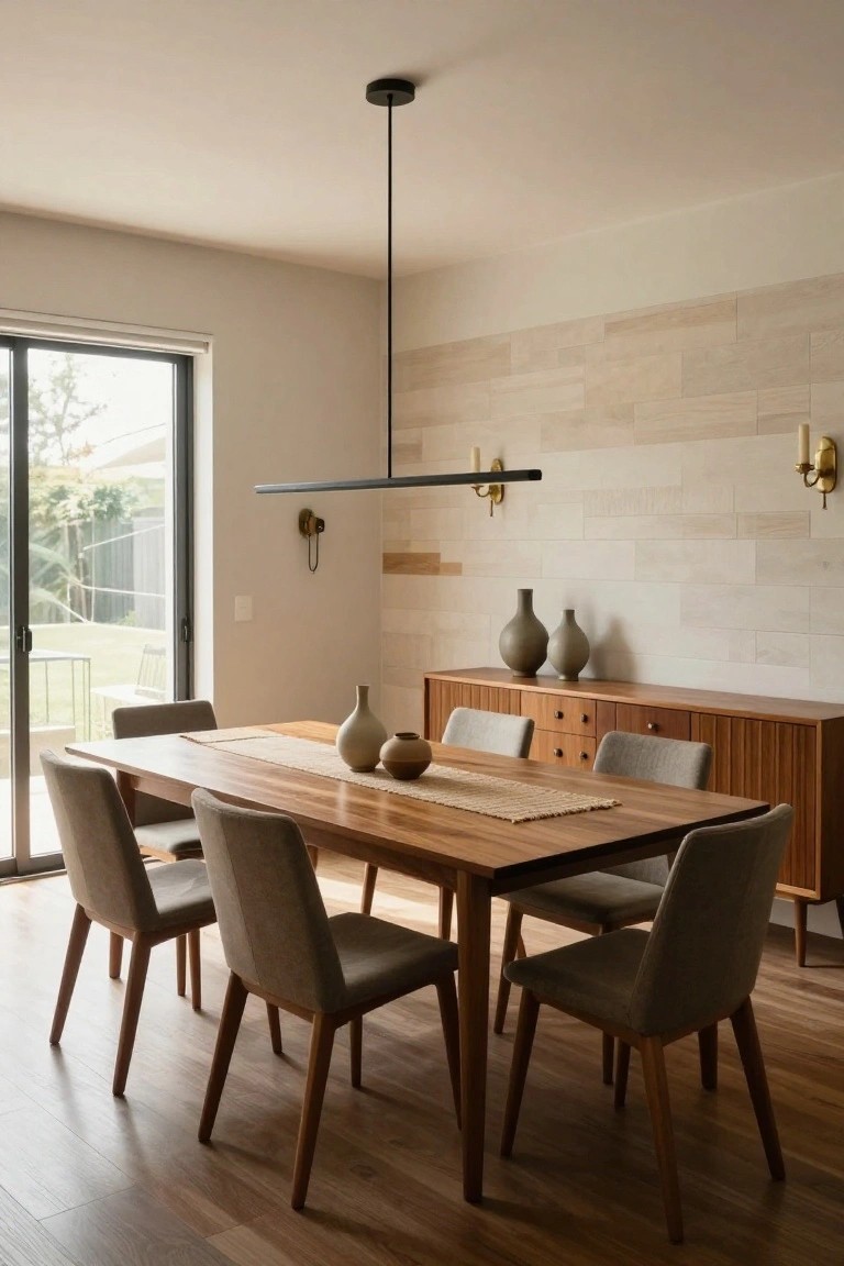 A dining room with a long wooden table, six upholstered chairs, a wooden sideboard, and a wall covered in horizontal light wood planks.