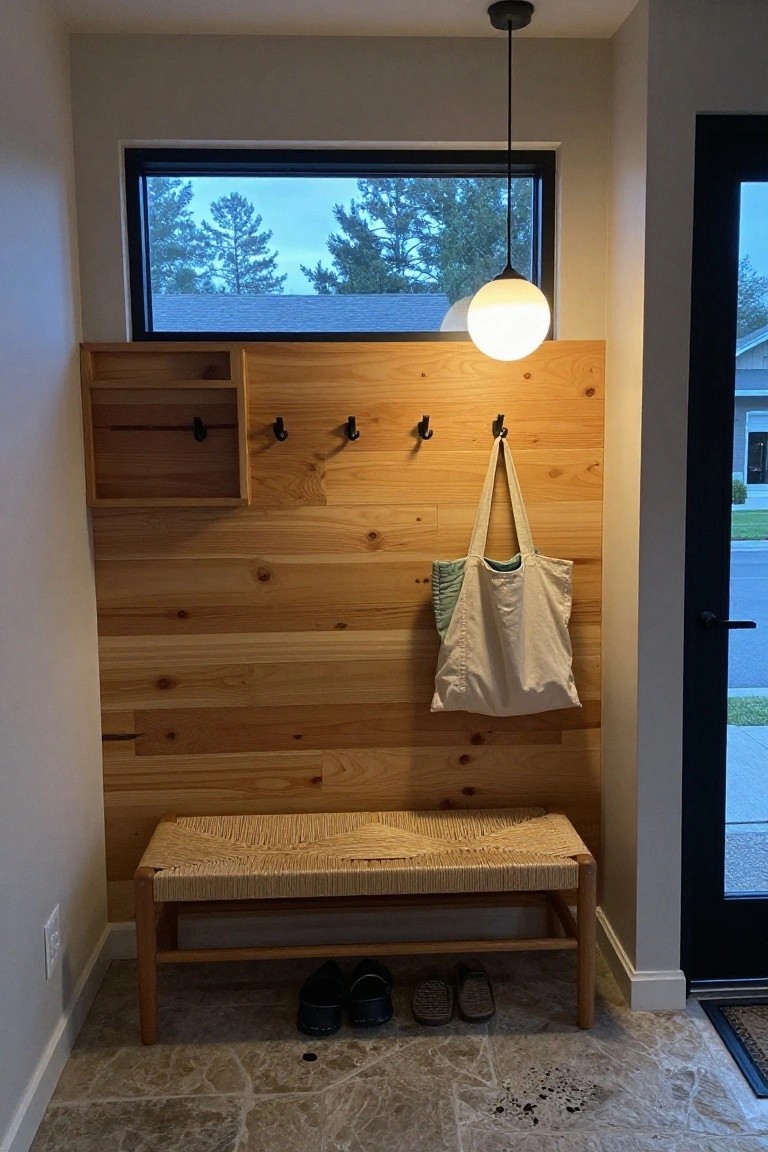 An interior entry space with a horizontal wood plank accent wall featuring hooks and cubbies above a woven bench holding shoes and a hanging tote bag.
