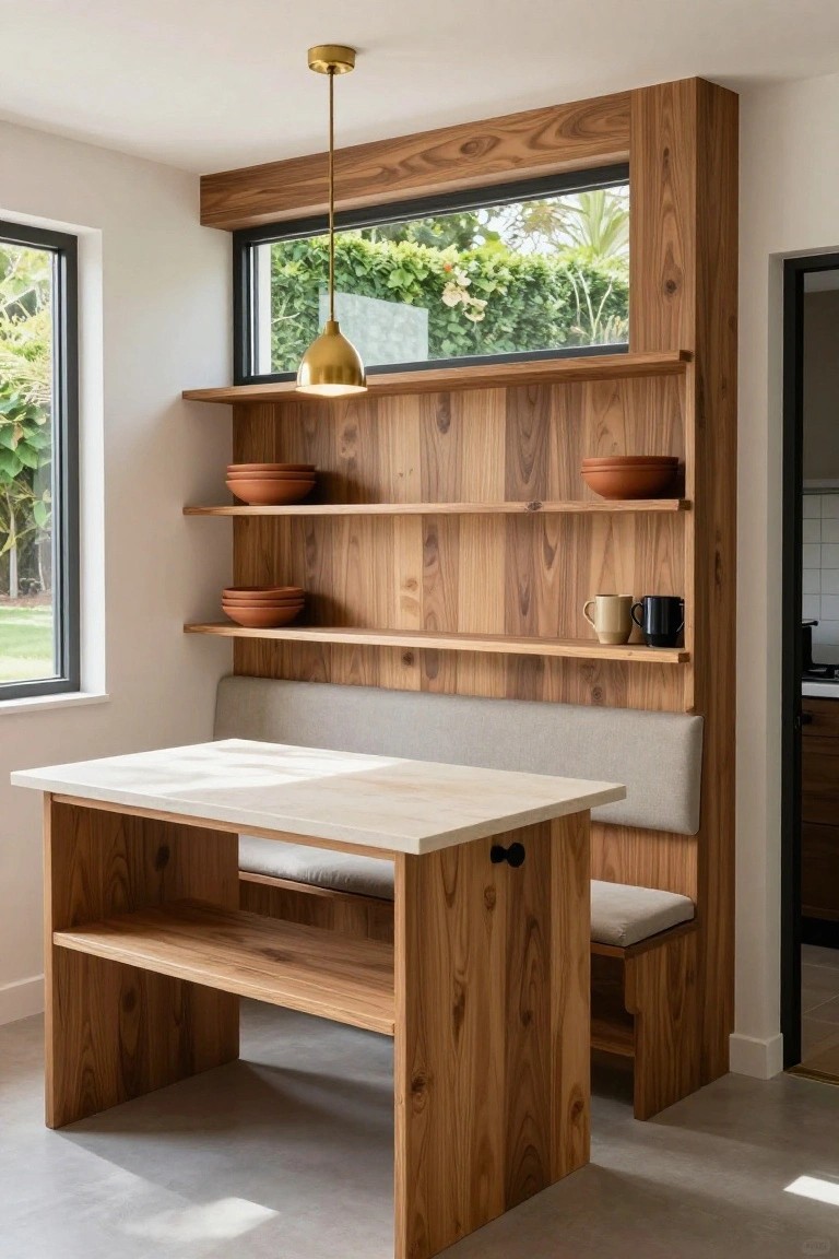 A dining nook with a wood accent wall featuring three floating shelves, an upholstered bench, and a white table.