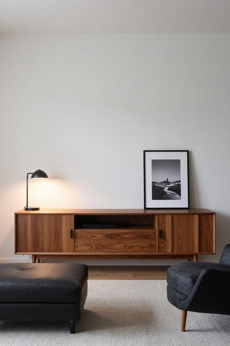 Wooden sideboard with black lamp and framed artwork beside leather ottoman and armchair