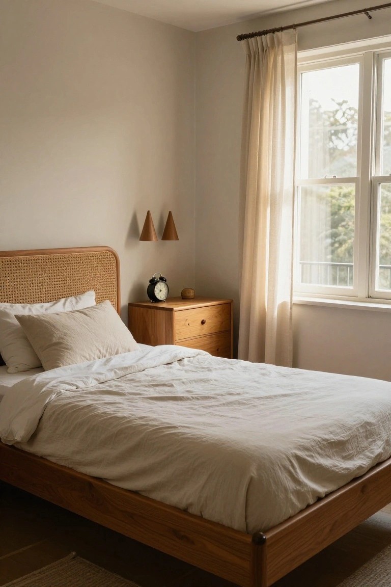 A bedroom featuring a wooden bed frame with a woven headboard, white bedding, a wooden nightstand holding a black alarm clock, and a window with sheer curtains.