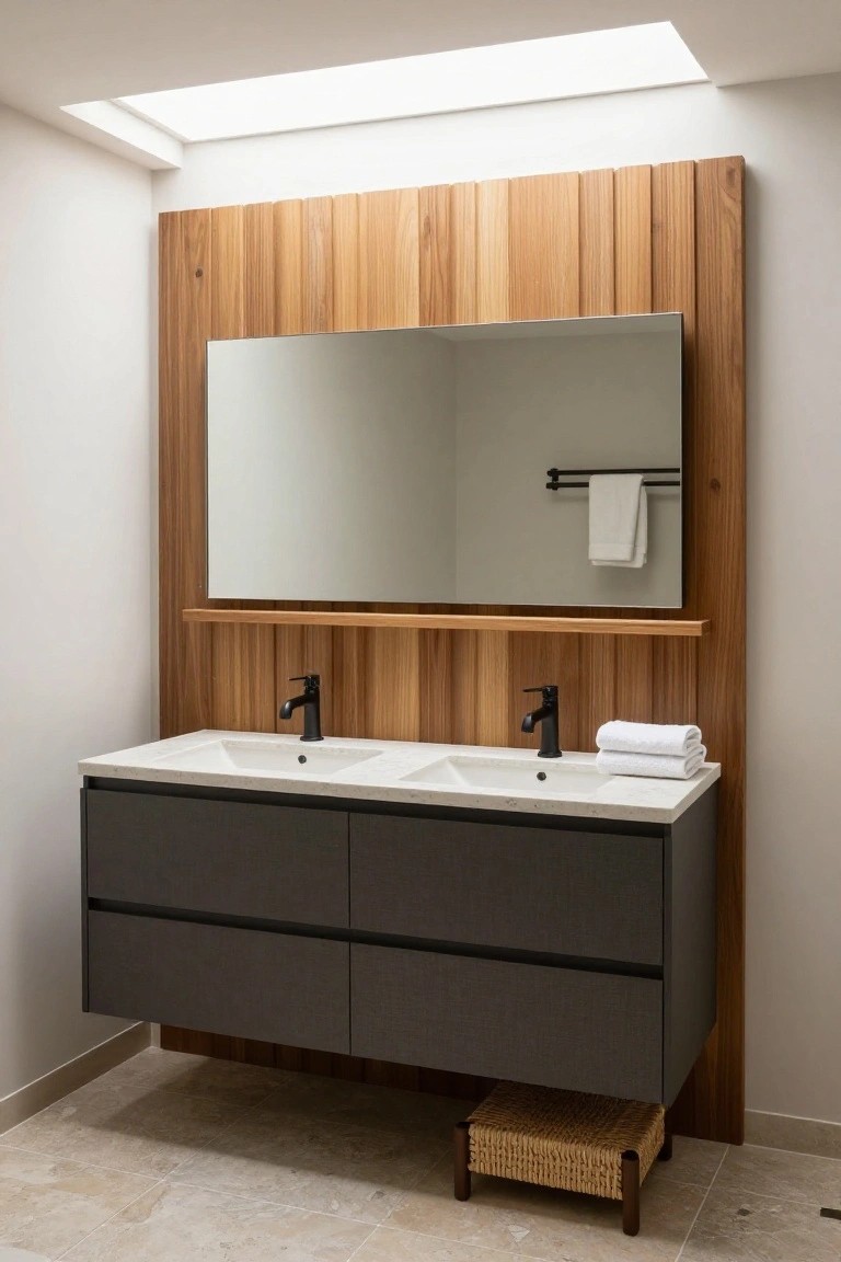 A bathroom vanity with two sinks sits below a large mirror mounted on a vertical wood slat accent wall, with a floating shelf and black faucets visible.