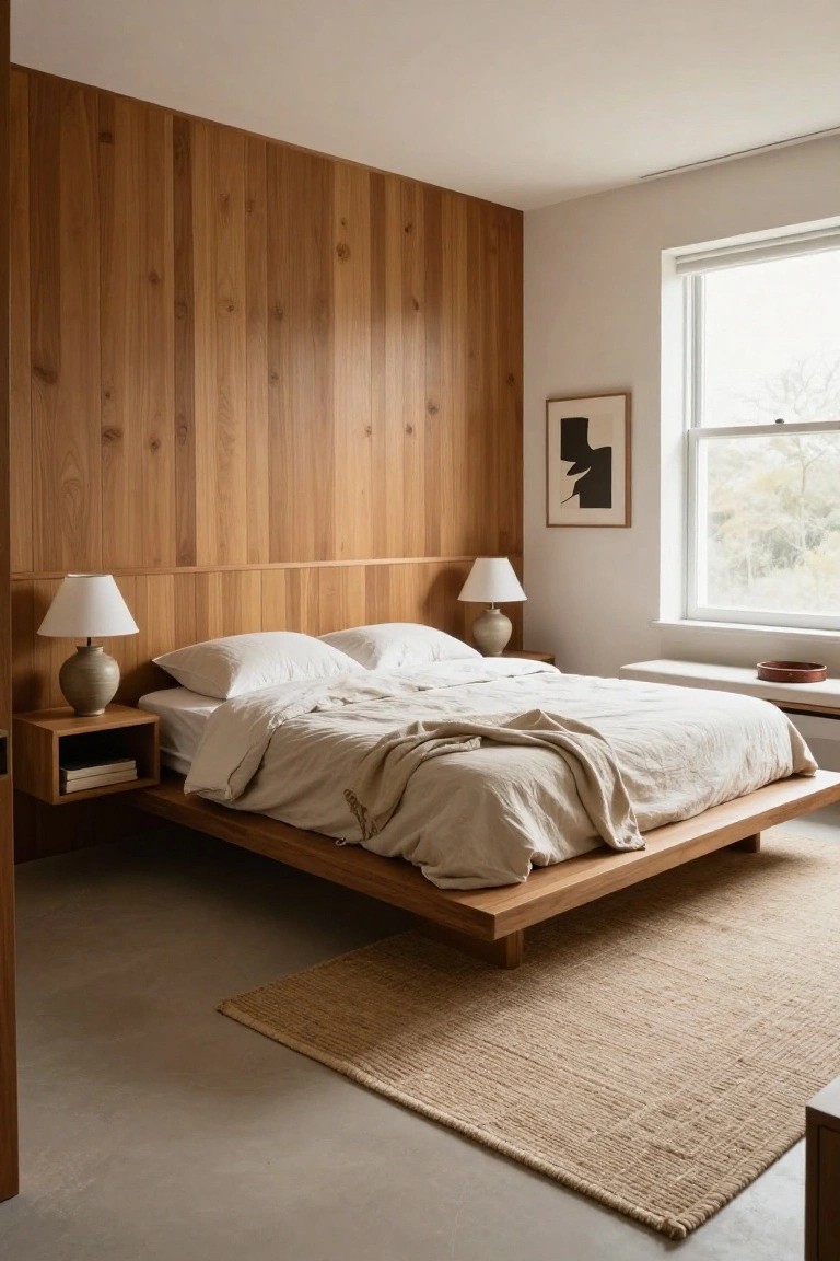 A bedroom with a full-height vertical wood accent wall behind a low wooden platform bed dressed in neutral linens, two bedside tables with lamps, a large window on the right, and a woven rug on the floor.