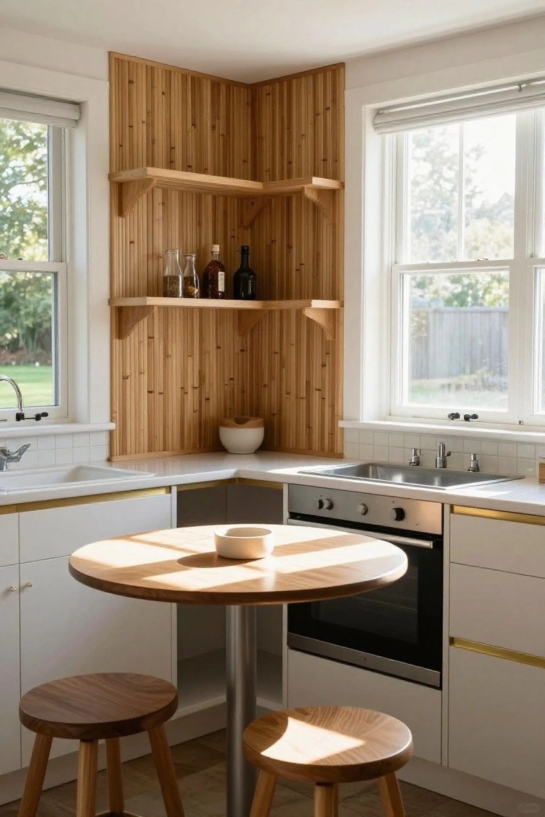 Bright modern kitchen with wooden corner shelves, white cabinets, round table and stools