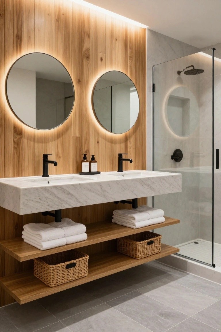 Modern double vanity with marble sink, backlit round mirrors on wood wall, and towel shelves.