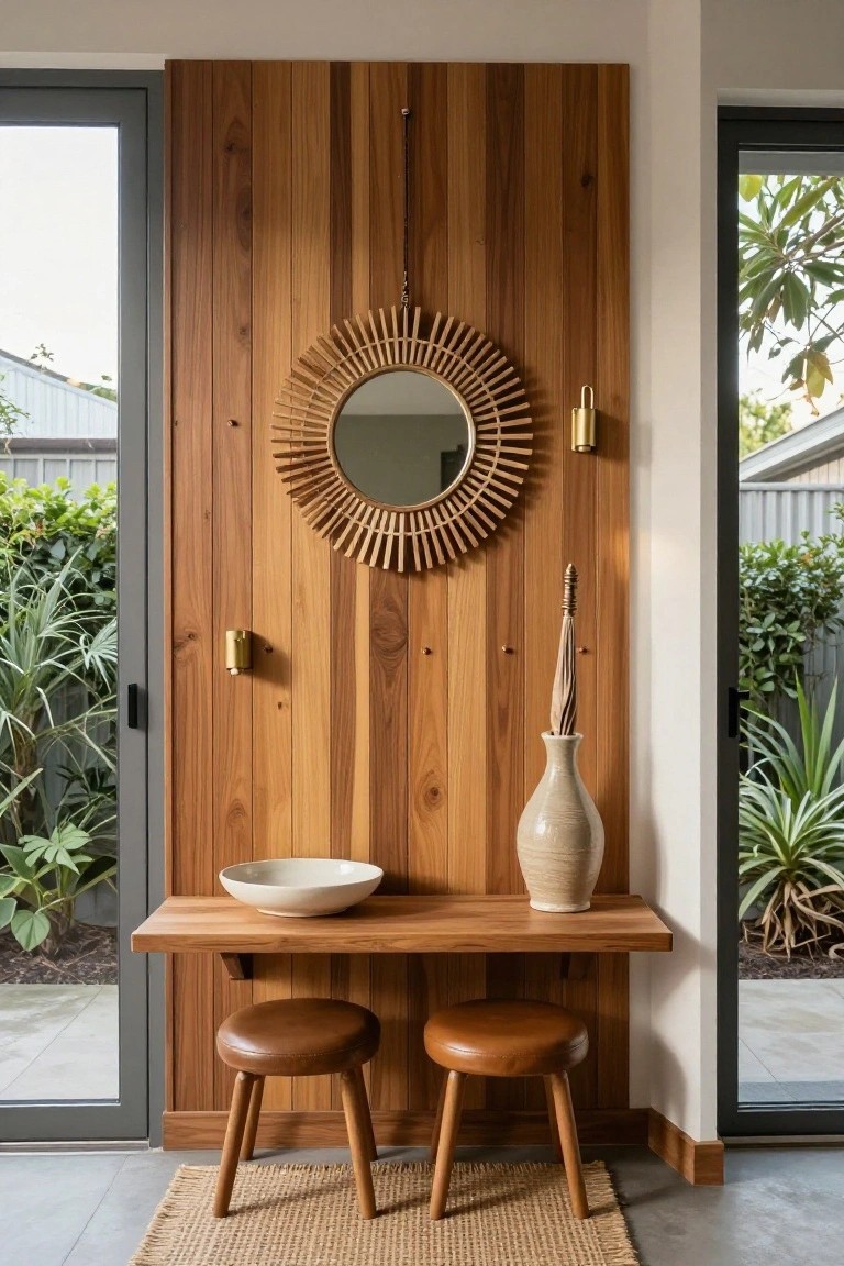 An interior space with a vertical wood accent wall, round mirror, floating console table, two leather stools, and brass wall sconces.