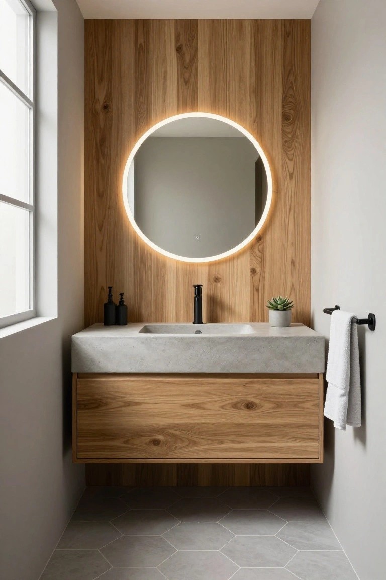 A bathroom with a floating concrete vanity, round backlit mirror, and vertical wood plank accent wall above gray hexagonal floor tiles.
