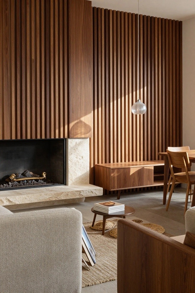 A living room features a tall vertical wood slat accent wall behind a modern fireplace with a stone surround, a wooden media console below the wall, and a pendant light hanging in front.