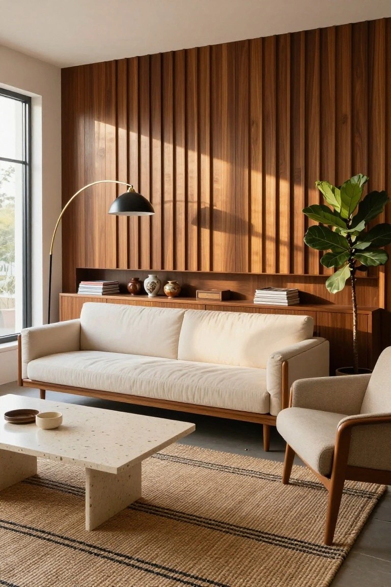 Modern living room with cream sofa, wood slat wall, terrazzo table, and woven rug
