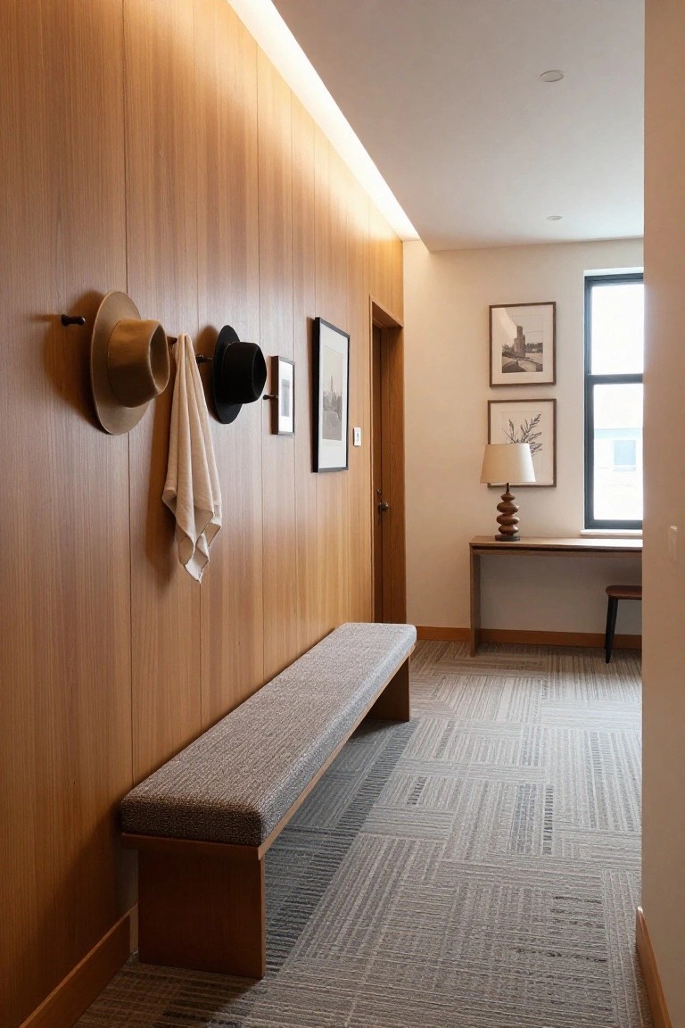 A narrow interior hallway with vertical wood paneling, a long upholstered bench, hanging hats, framed pictures, and a desk area near a window.