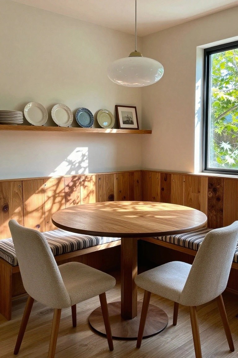 Sunlit dining nook with round wooden table, bench seating, chairs, and plate shelf.