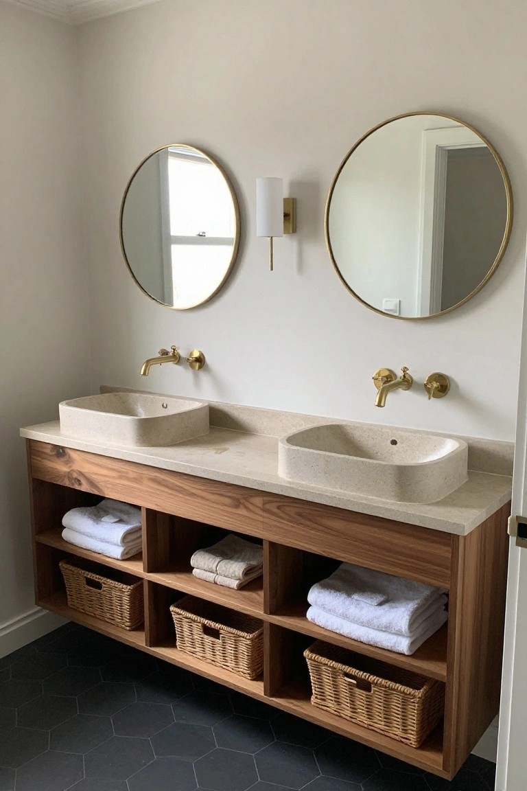Modern double vanity with wood shelves, stone sinks, round mirrors, towels, and baskets.