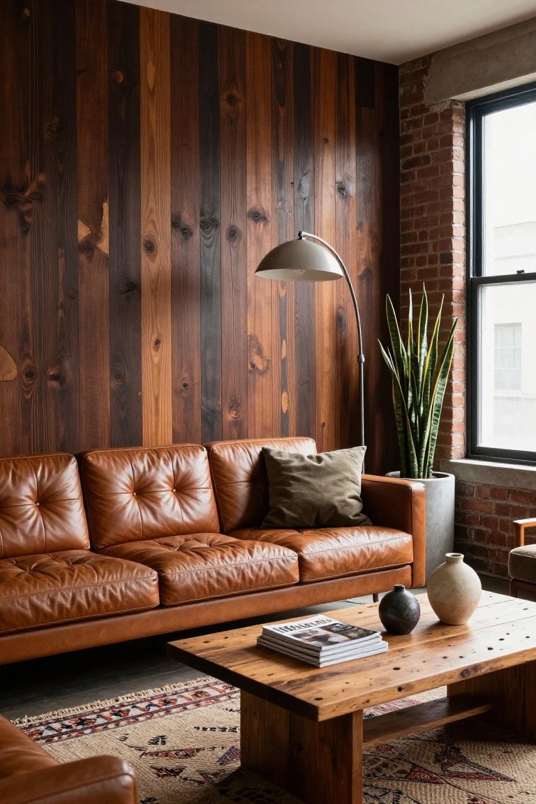 A living room featuring a brown leather sofa against a dark vertical wood plank accent wall, with a wooden coffee table in front.