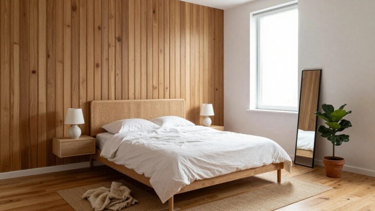 A bedroom featuring a full wall of vertical light wood paneling behind a bed with white bedding, two wooden nightstands, and a woven rug on the floor.