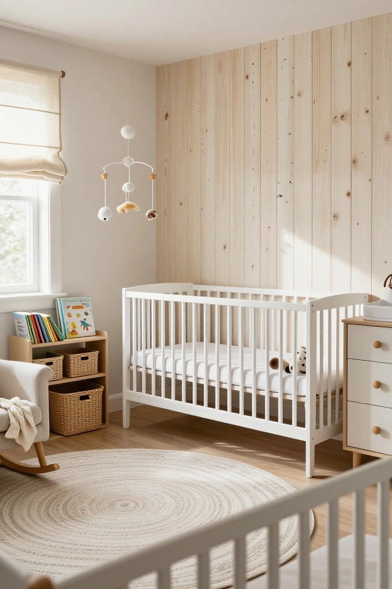 A bright nursery featuring a white crib against a vertical light wood plank accent wall, with a round woven rug and a window with a rolled shade.