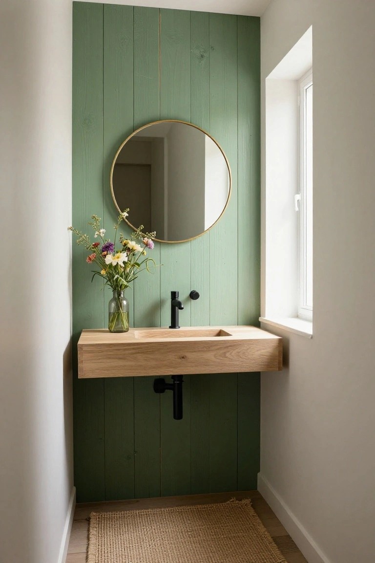 A bathroom with a green painted vertical wood plank accent wall, round mirror, floating light wood vanity, and black faucet.