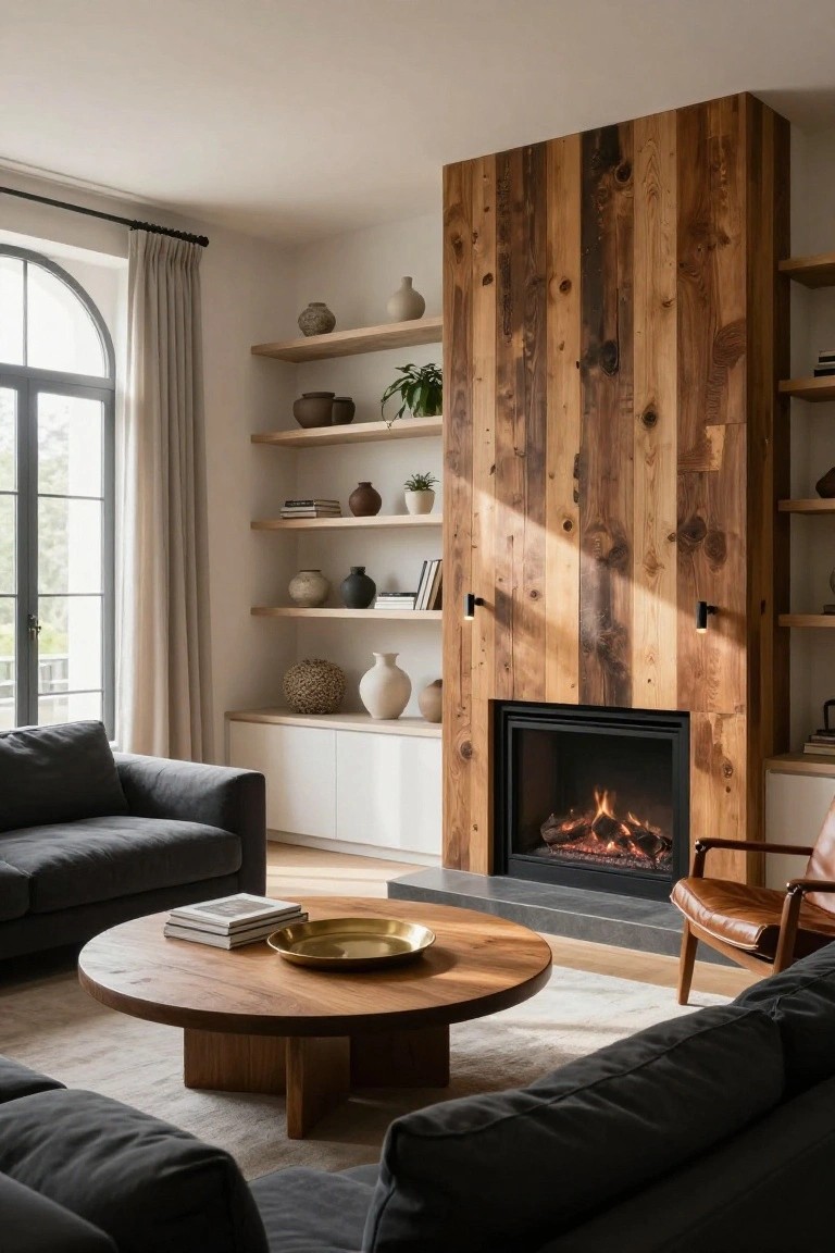 A living room with a black fireplace set into a vertical wood plank accent wall, floating shelves to the left, and a round wooden coffee table in the foreground.