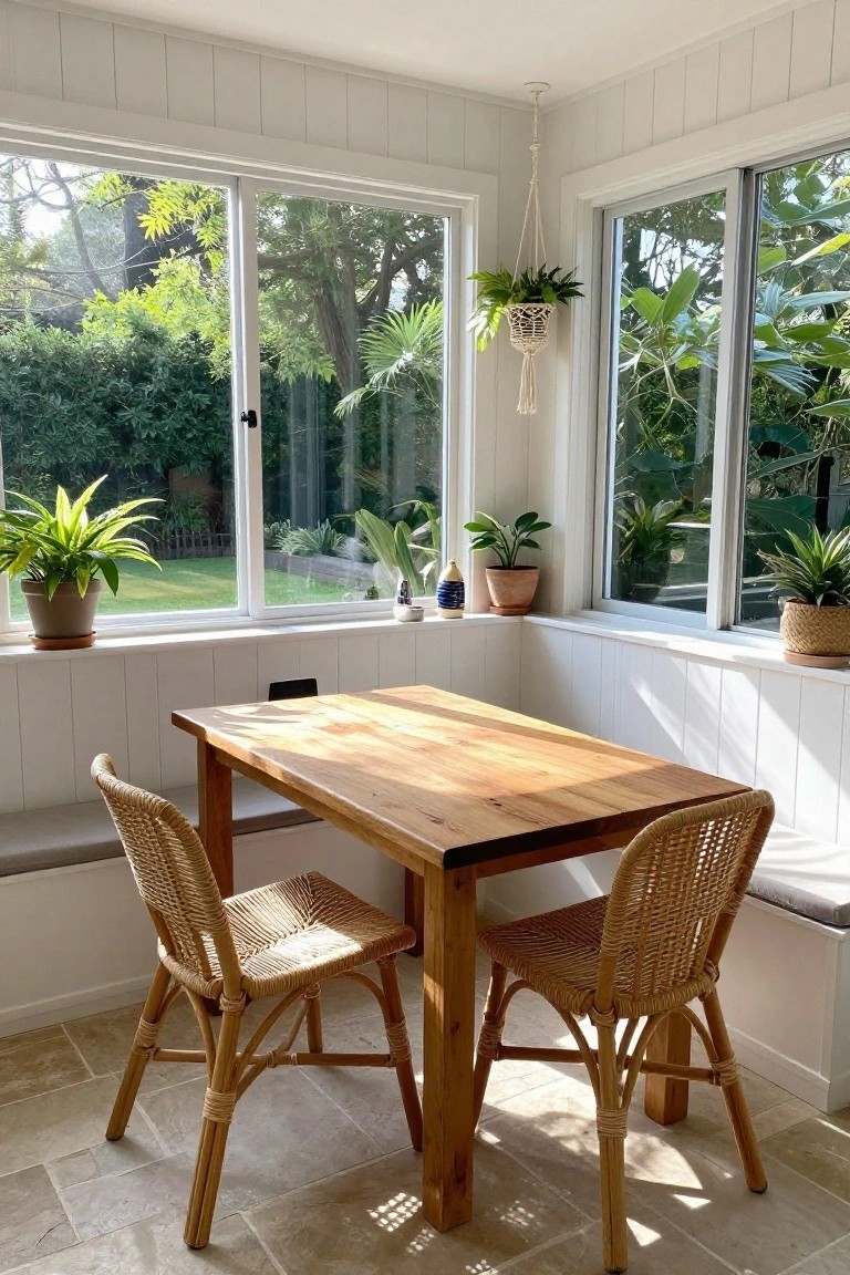 A wooden table with woven chairs is placed in front of white vertically paneled walls and large windows looking out to greenery.