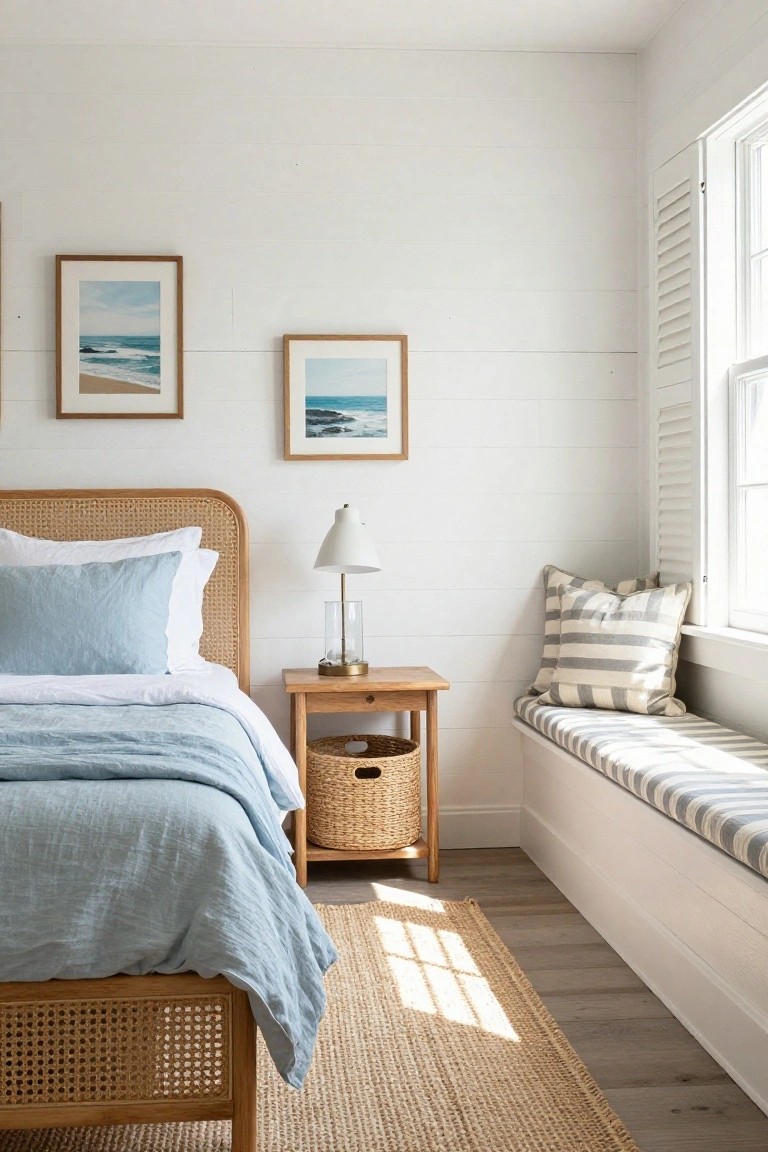 A bedroom interior with white horizontal wood plank walls, a wooden bed with cane headboard and light blue bedding, a nightstand holding a lamp and basket, two framed prints, and a window seat with striped cushions.