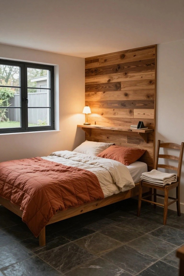 A bedroom with a wood plank accent wall behind the bed, a built-in shelf holding a lamp and books, a window on the left, and a wooden chair with folded linens on the right.