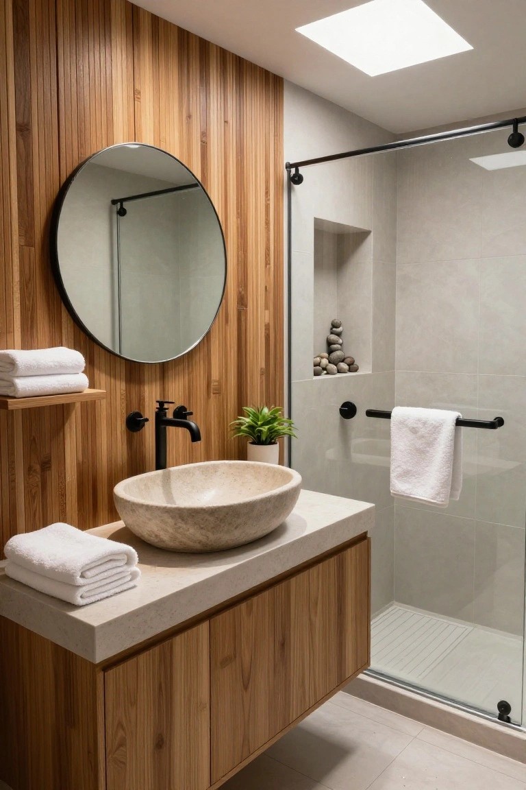 Modern bathroom with a vertical wood accent wall behind a floating wood vanity holding a stone vessel sink and round mirror, next to a glass shower.