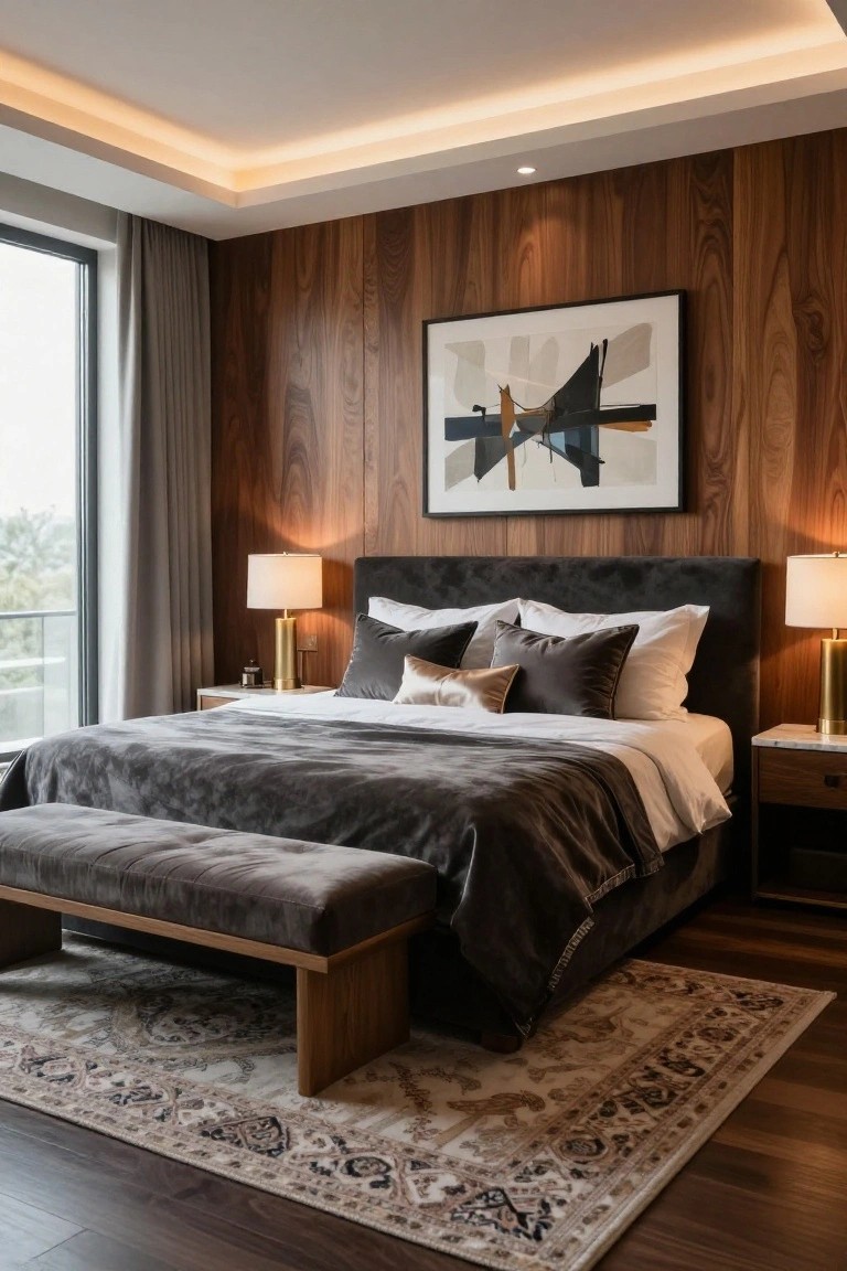A modern bedroom featuring a vertical wood accent wall behind a bed with a dark upholstered headboard, white and gray bedding, and matching nightstands with lamps.