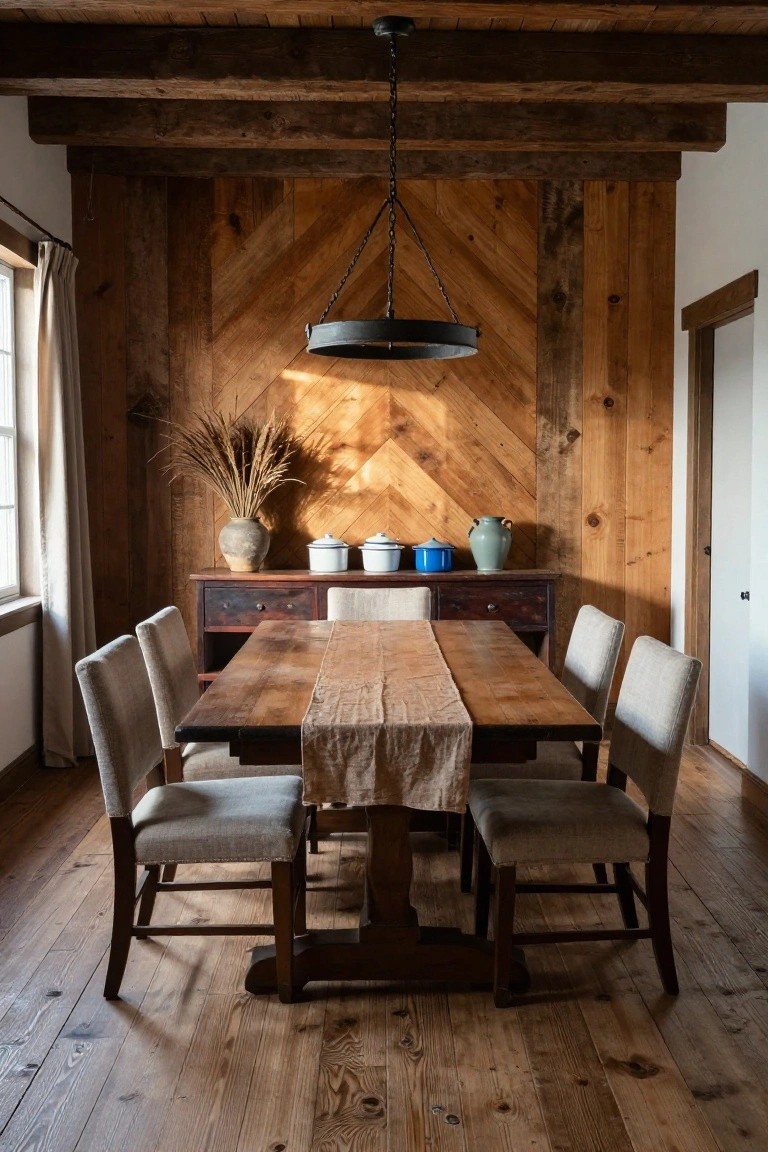 A dining room with a large wooden table, upholstered chairs, and a chevron-patterned wood accent wall behind a dark sideboard holding pottery and cookware.