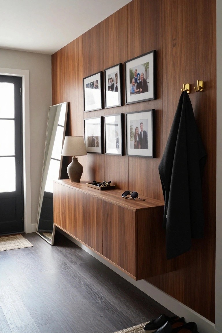 Modern entryway with wood console, framed photos, gold hooks holding coat, leaning mirror.