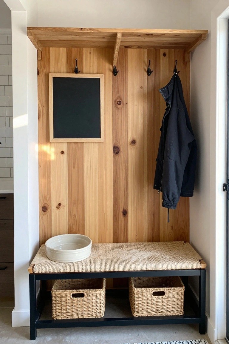 An interior entryway with a vertical wood accent wall, black hooks, a small chalkboard, a bench with woven storage baskets, and a jacket hanging from one hook.