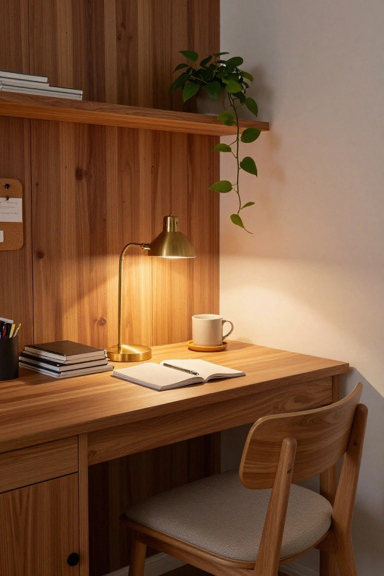 A wooden desk with an open notebook, brass lamp, and stack of books sits against a vertical wood-paneled wall with a floating shelf above.