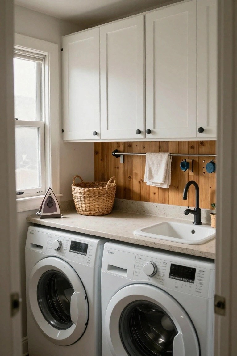 Laundry room with white upper cabinets, a white sink, front-loading washer and dryer, and a horizontal wood accent wall with a towel bar.