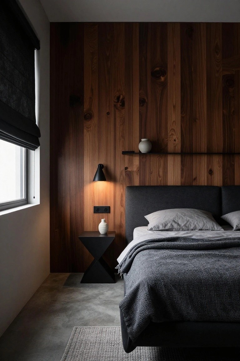 A bedroom featuring a vertical dark wood accent wall behind a bed with a dark upholstered headboard, gray bedding, a black side table, and a wall-mounted lamp.