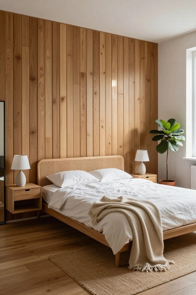 A bedroom featuring a full wall of vertical light wood paneling behind a bed with white bedding, two wooden nightstands, and a woven rug on the floor.