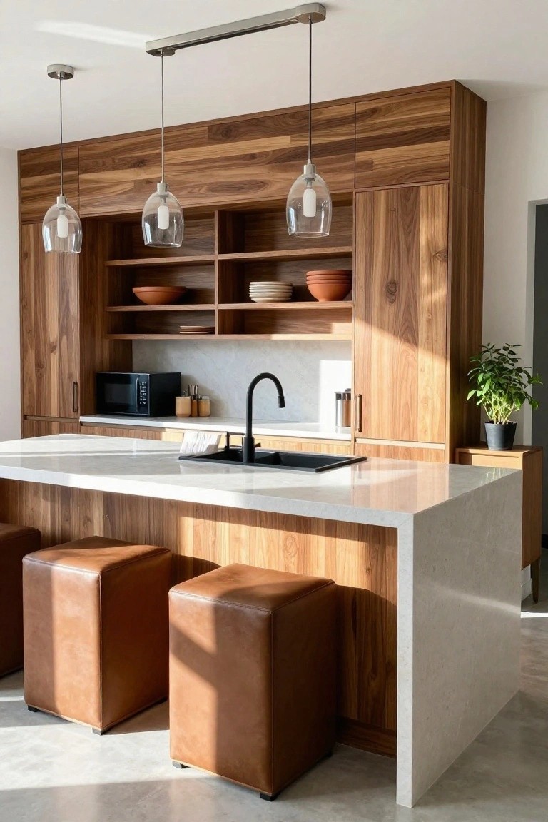 Modern kitchen with full-height wood accent wall featuring cabinets and open shelves above a white stone island with black sink and brown leather stools.