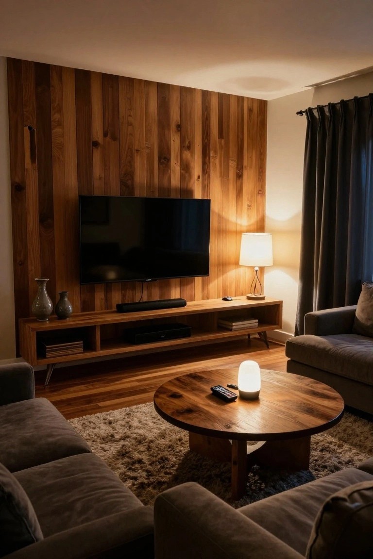 A living room with a vertical wood accent wall behind a wall-mounted TV, a wooden media console below it, and a round coffee table in front on a rug.