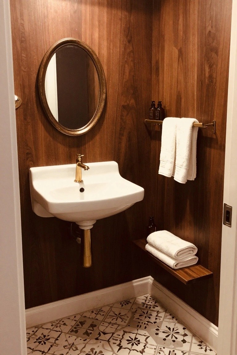 A small bathroom with full dark wood wall paneling, a white wall-mounted sink with gold faucet and drain, a round mirror, and folded white towels on a wooden shelf and rack.