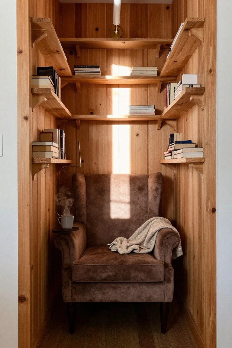 A narrow wooden alcove with vertical paneling, multiple built-in shelves holding books, and a brown armchair placed inside the nook.
