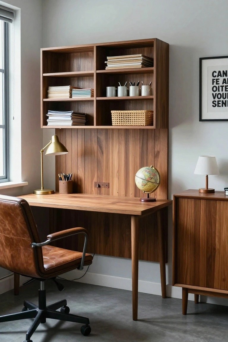 A wooden desk and hutch with open shelves and lower cabinet doors set against a matching wood paneled wall in a home office.