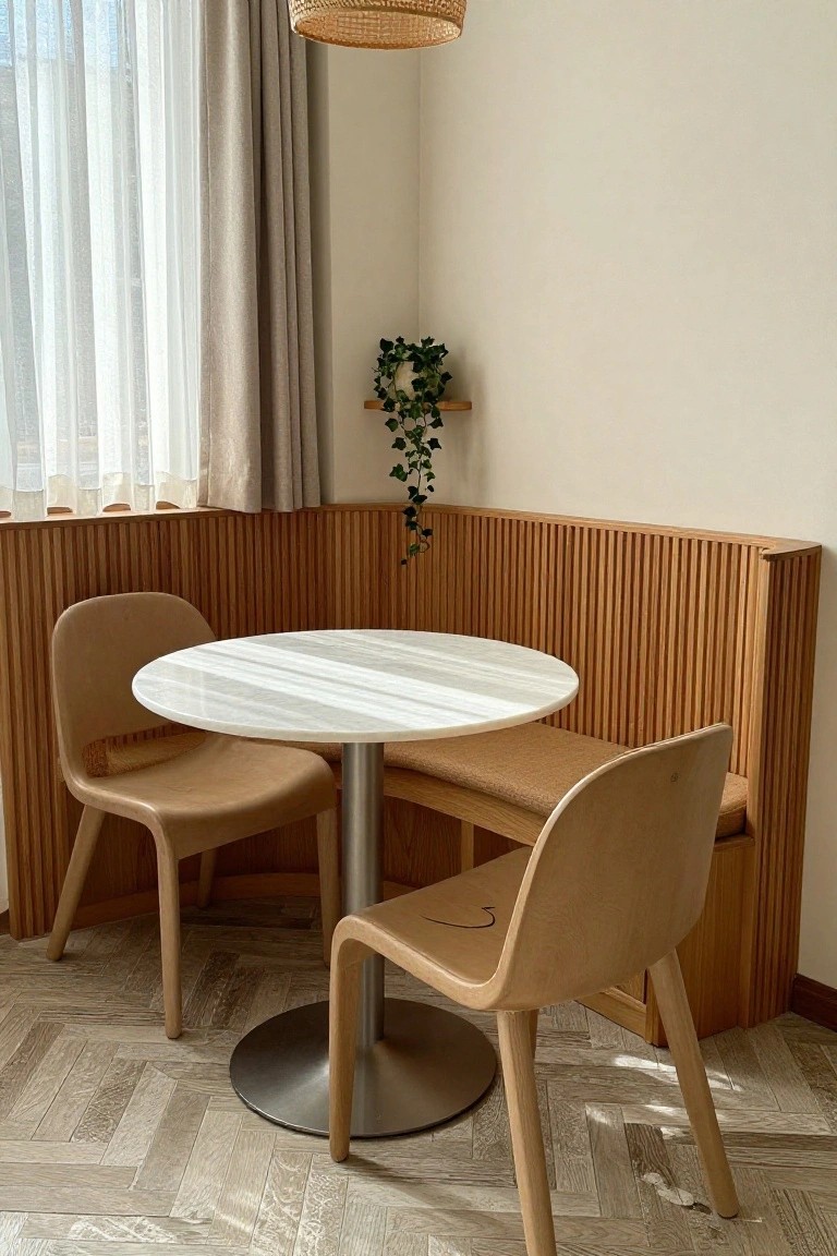 A small dining area features a round white table, two light wood chairs, and a built-in bench against a vertical wood slat accent wall.
