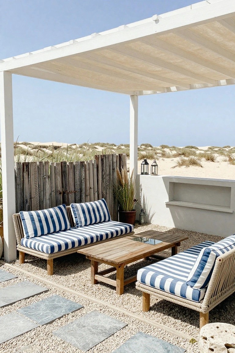 White pergola shading blue-striped sofas and wooden table on gravel by dunes.