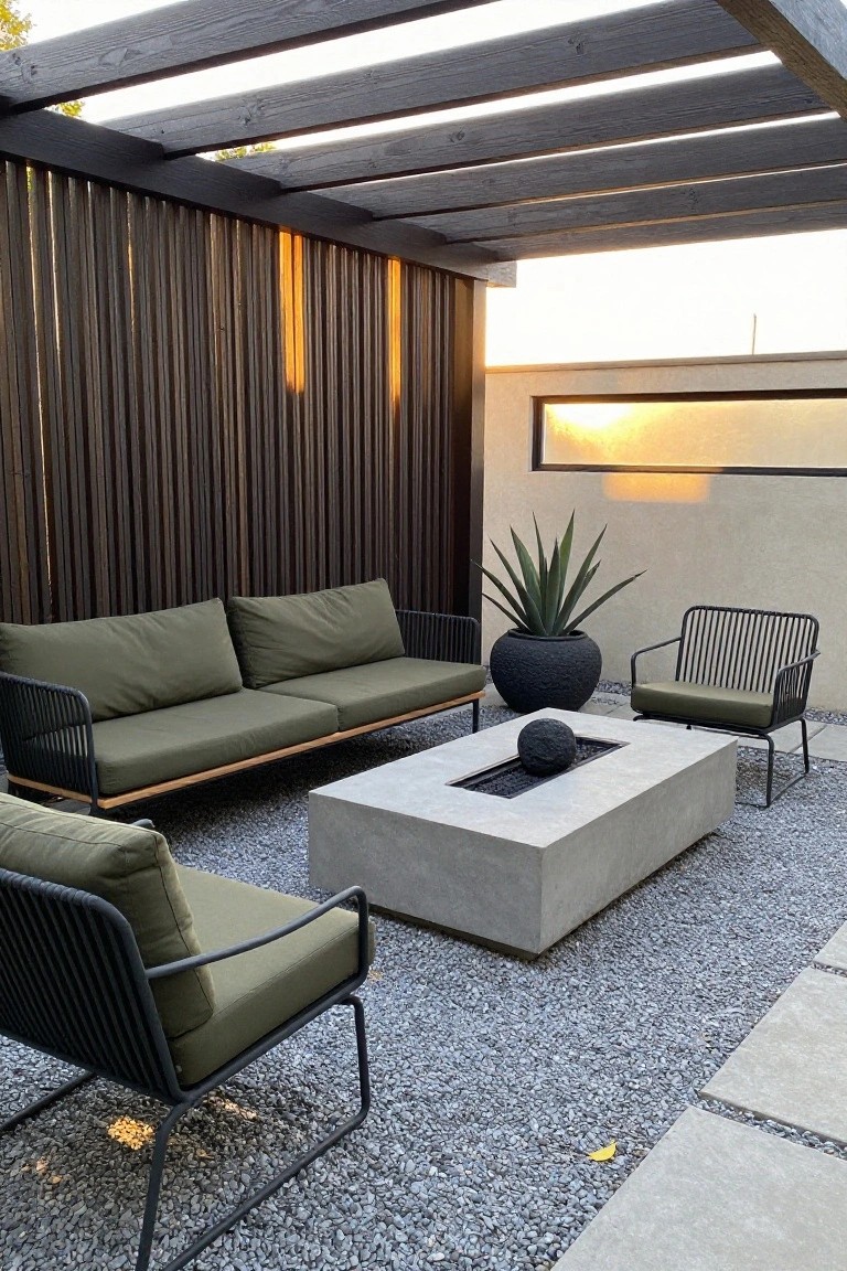 An outdoor patio under a dark wooden pergola with green cushioned seating, a concrete fire pit, gravel ground, and a large potted plant.