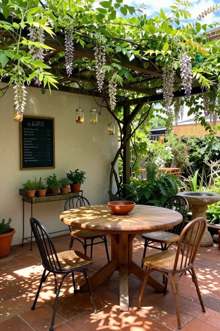 Round wooden table with chairs under wisteria-covered pergola in sunny garden patio