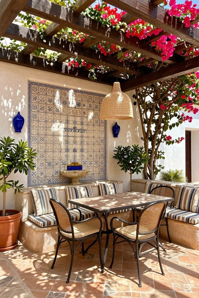 Sunny patio with bougainvillea pergola, blue tiled wall, and striped cushioned seating